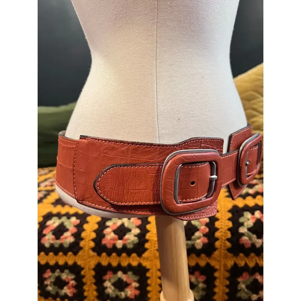 Vintage Italian Cognac Leather Wide Double Buckle Statement Waist Belt 31”-33”